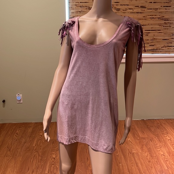 Miss Sixty Mauve With Genuine Leather FringeSleeveless T-shirt Size L